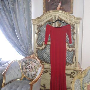 Red fishtail off the shoulder Norma Kamali maxi gown dress XS